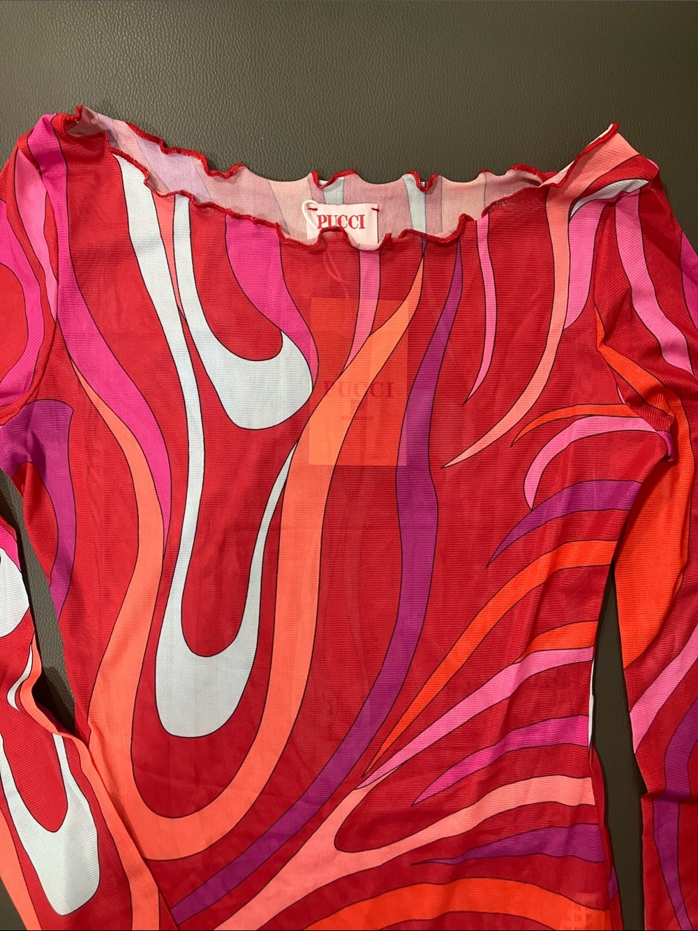 Emilio Pucci Red Pink Orange Swirl Long-Sleeve Mesh Top - Picture 2 of 8